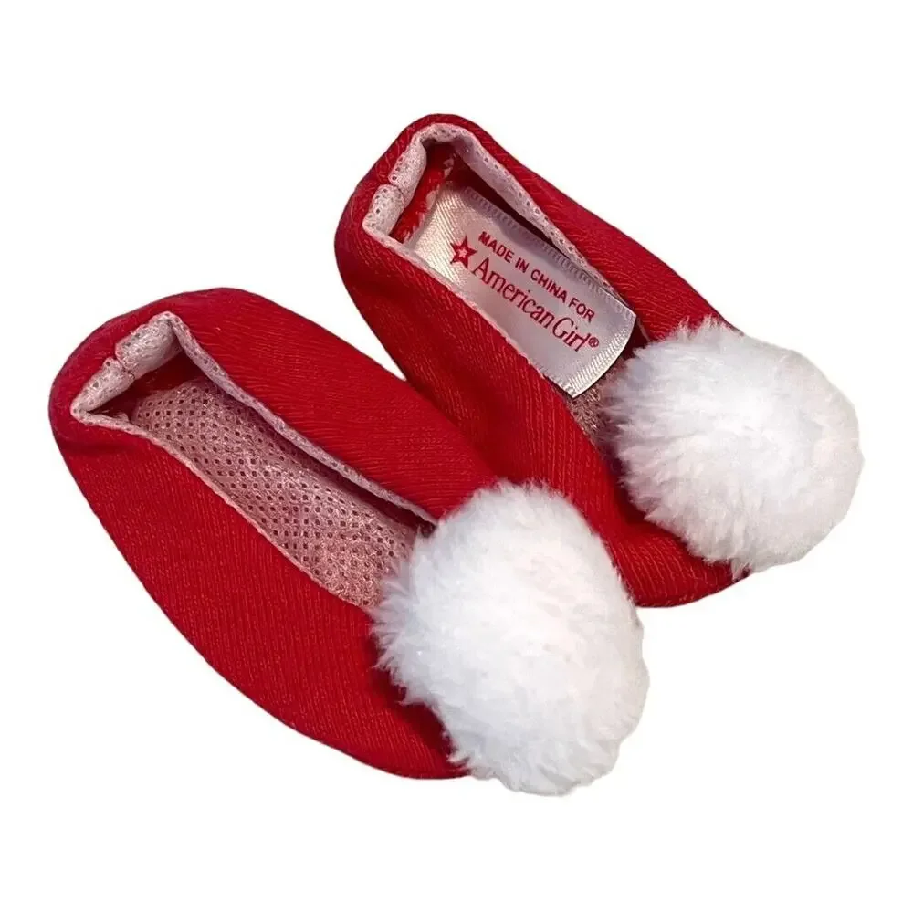 American Girl Doll Slippers For Love Peace Joy Pajamas Holiday Red Pom Pom Shoes